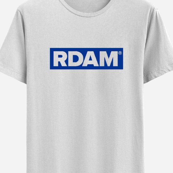 RDAM T-Shirt Royal Blue op Wit flock outline zoom